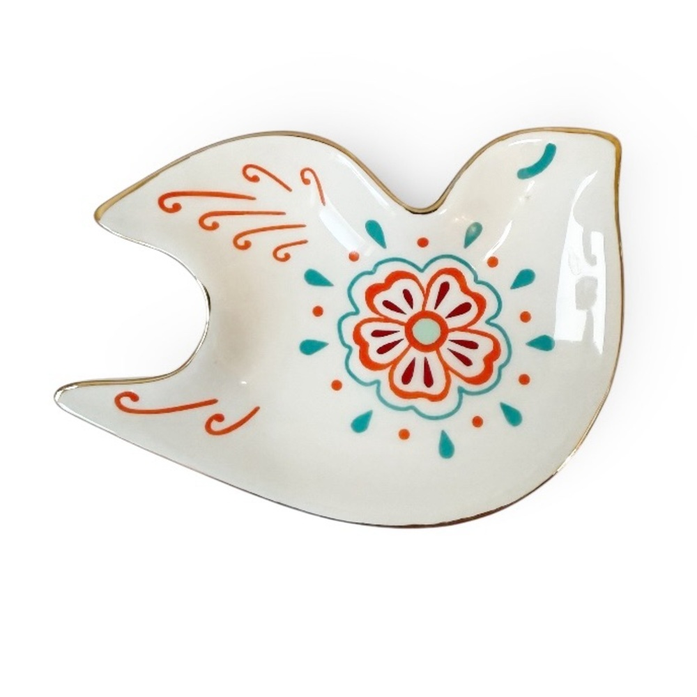One Hundred 80 Degrees Floral Bird Tray White Teal Orange